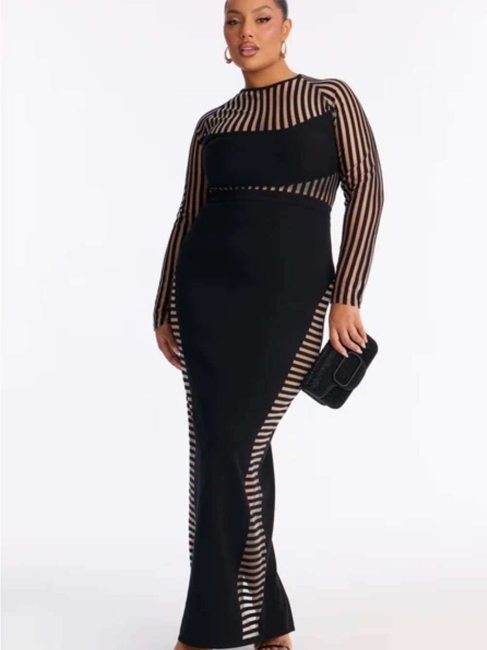 Black Sheer Stripe Long Sleeve Maxi Dress